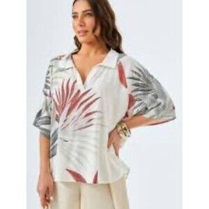 Zinzane Women’s Large Off White Floral Blouse Collard V-Neck Short Sleeve Top
